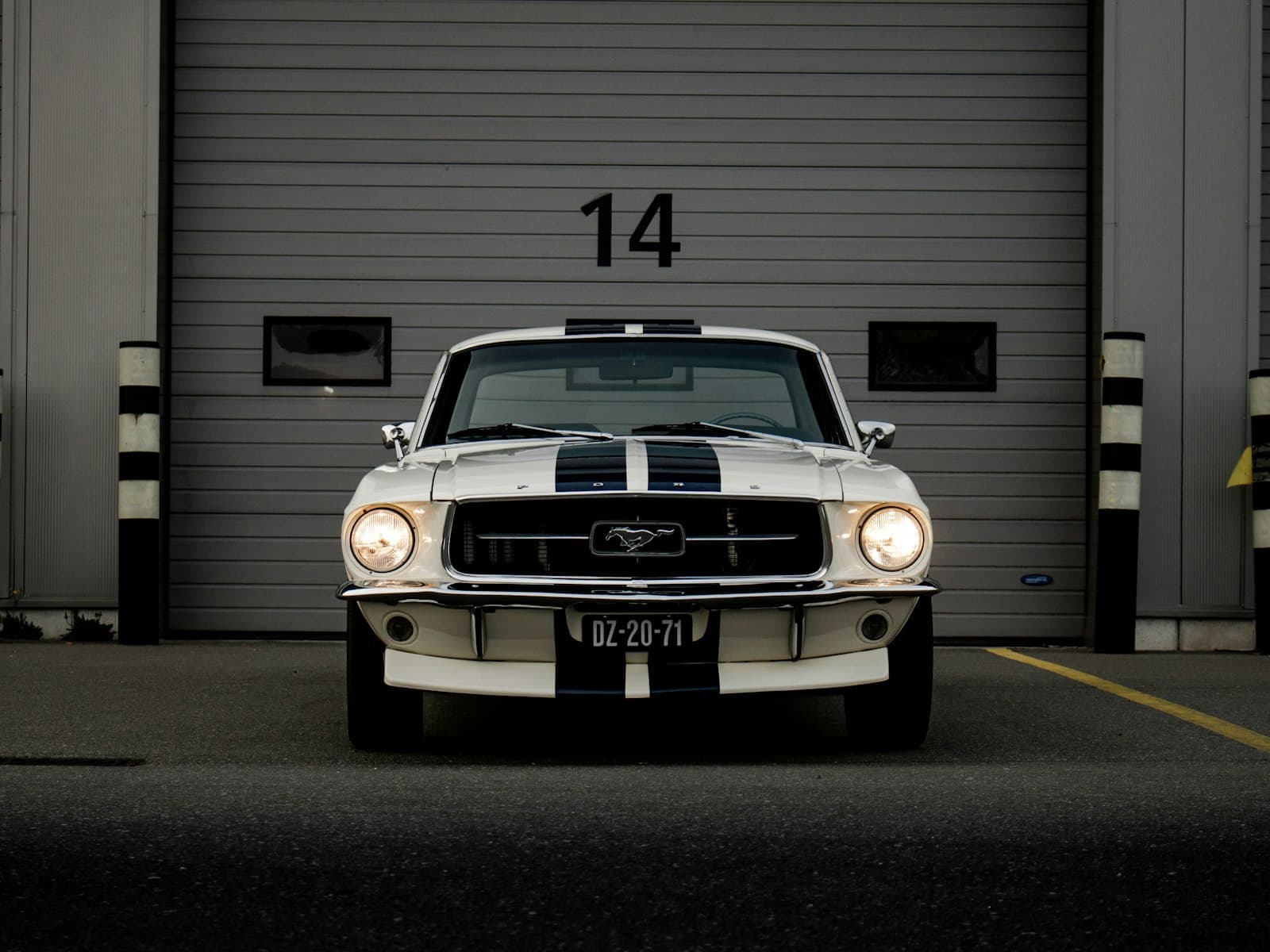 1967 Ford Mustang front view with headlights on