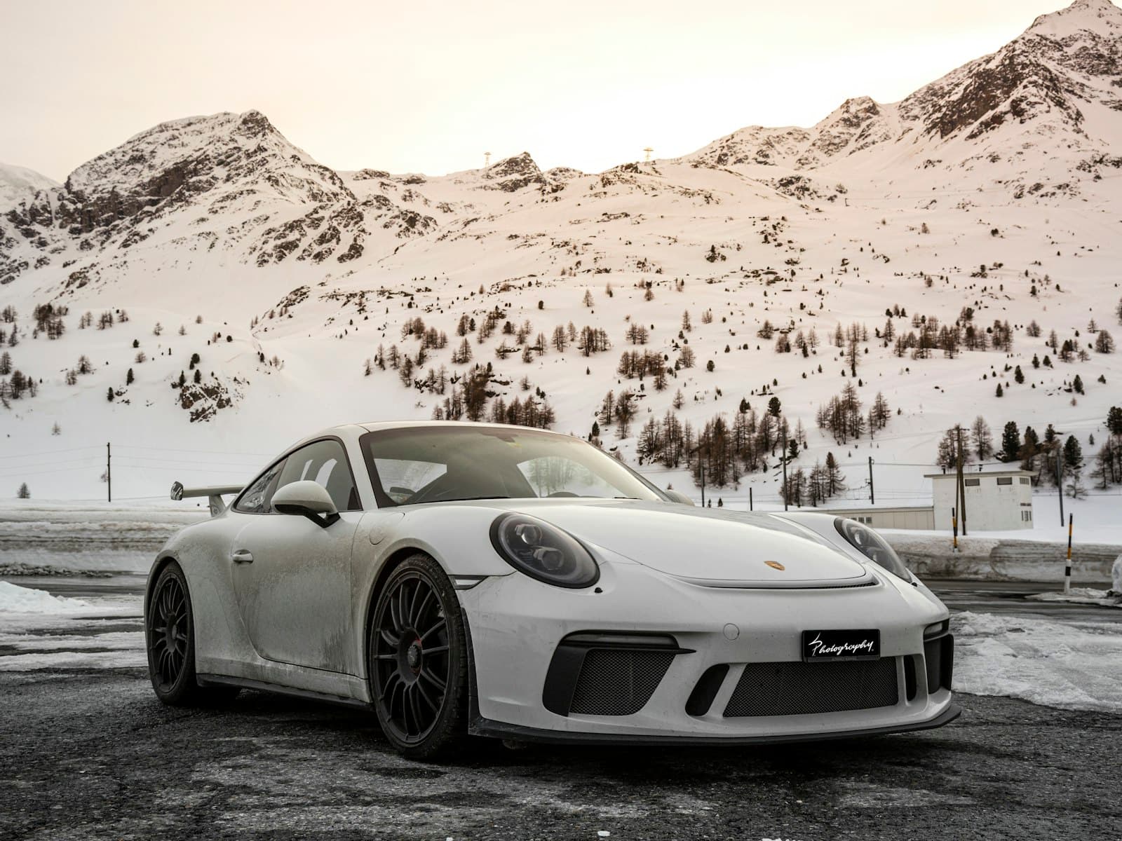 2019 Porsche 911 GT3 in Carrara White with snowy mountains